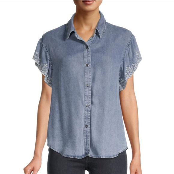 Driftwood Embroidered Chambray Shirt Button Front Boho Western Small - Picture 1 of 7